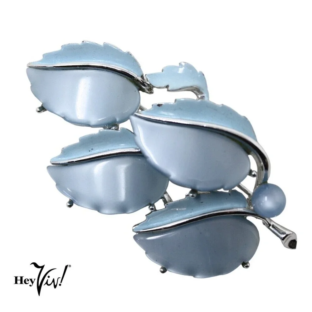 Vintage Signed Lisner Blue Lucite Thermoset and Enamel Leaf Pin 2 3/4